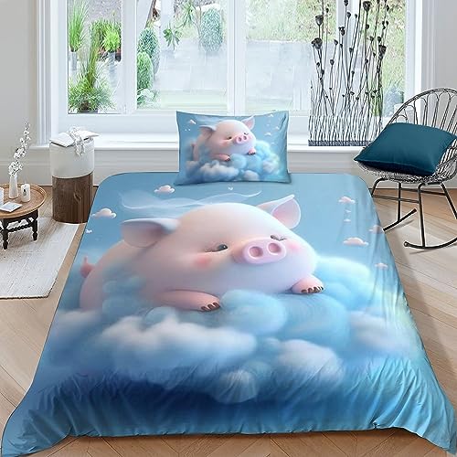 QLasic 3D-Bettbezug-Set Schwein auf Wolke, Bedrucktes Bettwäsche-Set Mit Bettbezügen Und Kissenbezug, Geeignet Für Familien Jugendliche Und Kinder (Single（135x200cm）) von QLasic