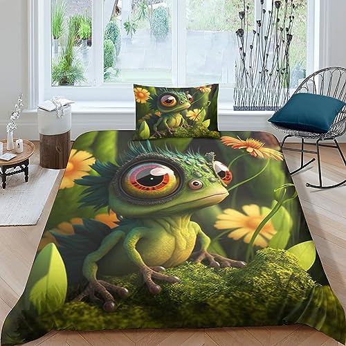 QLasic 3D Frosch Muster, Bettbezug-Set Mit Kissenbezug Und Mikrofaser-Reißverschluss-Bettbezug-Bettteile Für Kinder, Teenager, Jungen Single（135x200cm） von QLasic