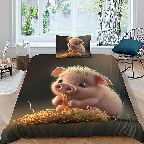 QLasic Bettwäsche 3D süßes Schwein Thema Bettbezug Weich Mikrofaser Mit Reißverschluss Und Kissenbezug Geeignet Für Familien Jugendliche Und Kinder Single（135x200cm） von QLasic