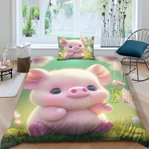 Bettwäsche 3D süßes Schwein Thema Bettbezug Weich Mikrofaser Mit Reißverschluss Und Kissenbezug Geeignet Für Familien Jugendliche Und Kinder Single（135x200cm） von Damailjw