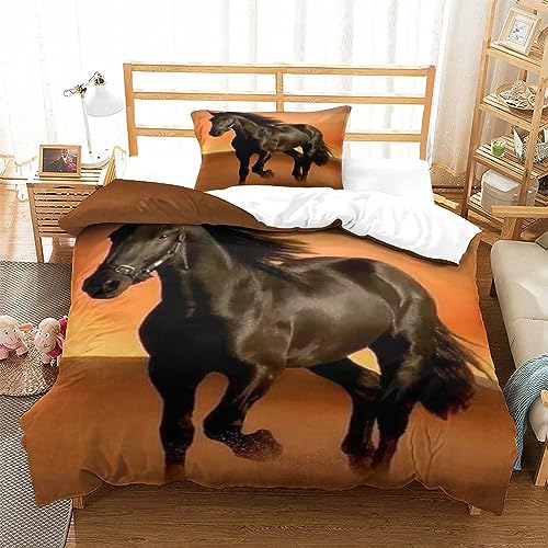 Damailjw Bettwäsche-Set Bettbezug galoppierendes Pferd 3D, Mikrofaser-Bettwäsche Superweicher, Atmungsaktiver Bettbezug Dunkles Pferd.(Single（135x200cm）) von Damailjw