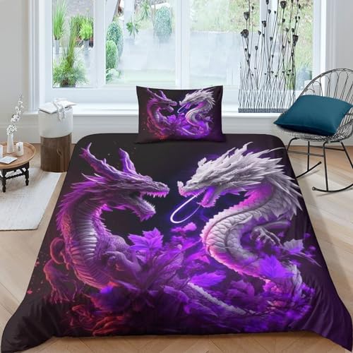 QLasic Drachen Bettwäsche Set Kinder Jungen Jugendliche Mädchen 3D Weiche Bettbezug Aus Mikrofaser Und Kissenbezug Mit Reißverschluss Single（135x200cm） von QLasic