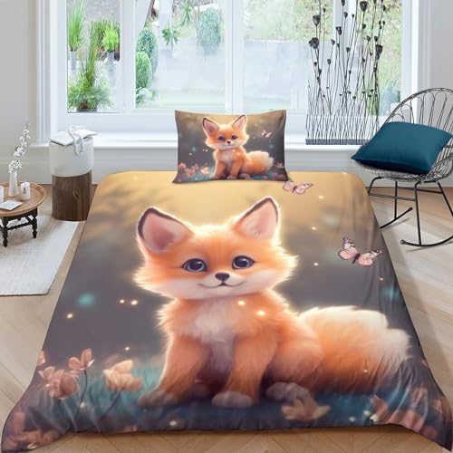 QLasic Fuchs Bettwäsche 3D Gedruckter Set Für Erwachsene Teenager Kinder Mit Kissenbezug Und Bettwäsche-Set Mikrofaser-Bettbezug Mit Reißverschluss Single（135x200cm） von QLasic