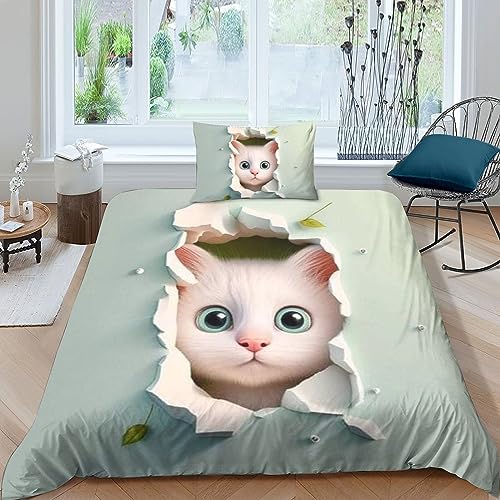 QLasic Katze3D-Bettbezug Mit Kissenbezügen, Mikrofaser-Bettwäsche-Set, Geeignet Für Familien, Jugendliche Und Kinder (Single（135x200cm）) von QLasic
