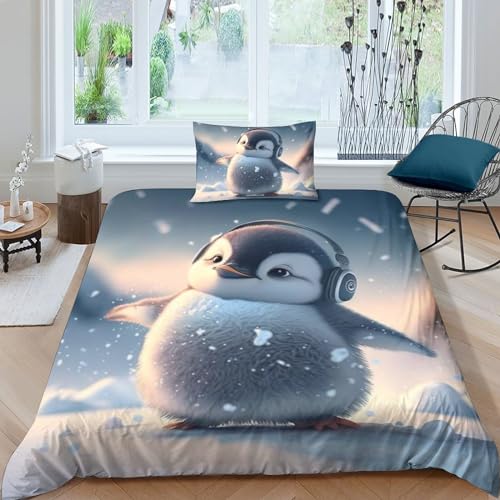 QLasic Pinguin Bettwäsche Set Teilig 3D Bettbezug -Set Mädchen Junge Kinder Mikrofaser Weiche Bettbezug Mit Reißverschluss Und Kissenbezüge Single（135x200cm） von QLasic