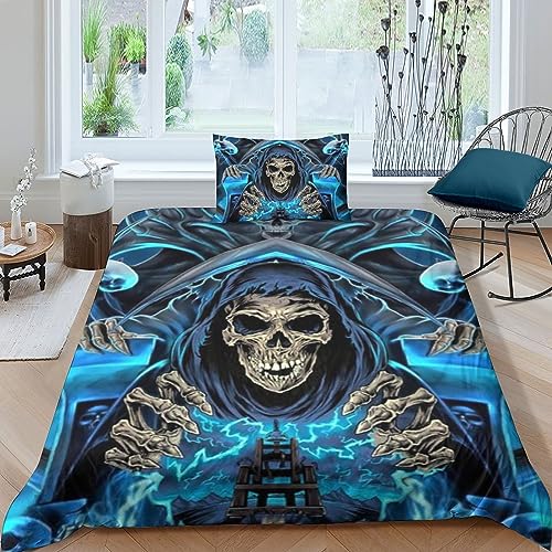 QLasic Totenkopf-Design3D-Bezugssets, Totenkopfmuster Bettwäscheset Und Kissenbezüge, Und Mikrofaser-Bettbezug Mit Reißverschluss, Geeignet Jugendliche Und Kinder (Single（135x200cm）) von QLasic