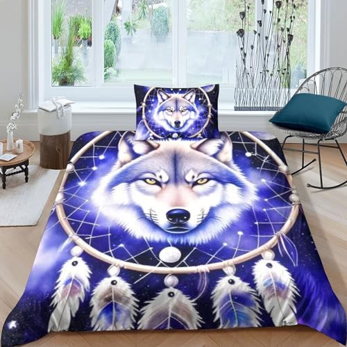 QLasic Wolf 3D-Bezugssets, Bettwäscheset Und Kissenbezüge, Und Mikrofaser-Bettbezug Mit Reißverschluss, Geeignet Jugendliche Und Kinder (Single（135x200cm）) von QLasic