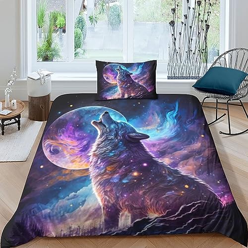 QLasic Wolf Bettwäsche 3D Gedruckter Set Für Erwachsene Teenager Kinder Mit Kissenbezug Und Bettwäsche-Set Mikrofaser-Bettbezug Mit Reißverschluss Single（135x200cm） von QLasic