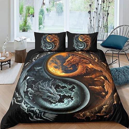 QLasic Yin-Yang-Drache Bettwäsche Set Teilig 3D Bettbezug -Set Mädchen Junge Kinder Mikrofaser Weiche Bettbezug Mit Reißverschluss Und Kissenbezüge Double（200x200cm） von QLasic