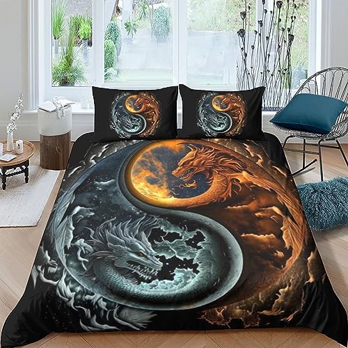 QLasic Yin-Yang-Drache3D-Bettbezug Mit Kissenbezügen, Mikrofaser-Bettwäsche-Set, Geeignet Für Familien, Jugendliche Und Kinder (King（220x240cm）) von QLasic