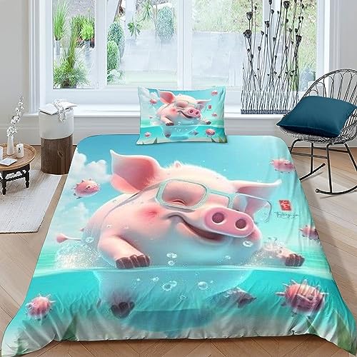 schwimmendes Schwein Bettbezug-Set, 3D Bettwäsche-Set Bettbezug Mit Reißverschluss, Superfeine Faser, Geschenk-Bettbezug (Single（135x200cm）) von QLasic