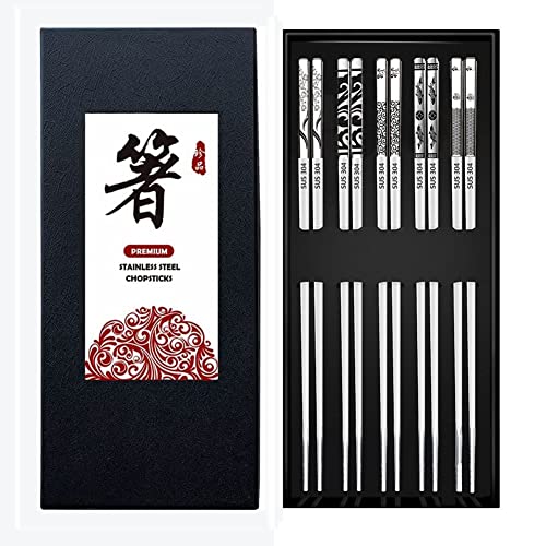 QMAHA Edelstahl Essstäbchen, 5 Paar Wiederverwendbare Essstäbchen, Metalless Stäbchen Spülmaschinenfest Sushi Stäbchen Japanische Chopsticks with Lasergravur Geschenkset für Weihnachten/Geburtstag von QMAHA