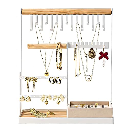 QMAHA Porte-Bijoux en Bois, Présentoir à Bijoux à 4 Niveaux Porte-Boucles d'Oreilles Porte Bijoux avec Base et Crochets, Organisateur de Boucles d'Oreilles pour Chaînes Bagues Bracelets, Blanc von QMAHA