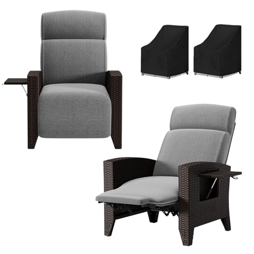 QMBLSNSQ 2er Set PE Rattan, Relaxsessel verstellbar 95°-165° mit Lordosenstütze & Seitentisch + Beistelltisch aus Sicherheitsglas (80kg), wetterfest, inkl. Abdeckhauben, Garten/Balkon von QMBLSNSQ