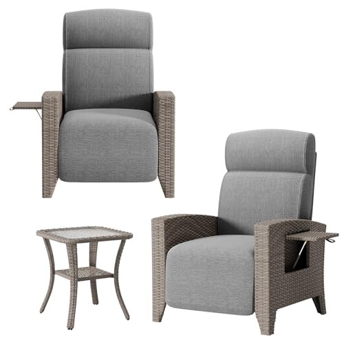 QMBLSNSQ 3-TLG. Loungeset, 2X Relaxsessel mit Liegefunktion & integriertem Tisch (150kg/Sessel) + 1x Rattan-Glastisch (80kg), PE Rattan wetterfest, inkl. von QMBLSNSQ
