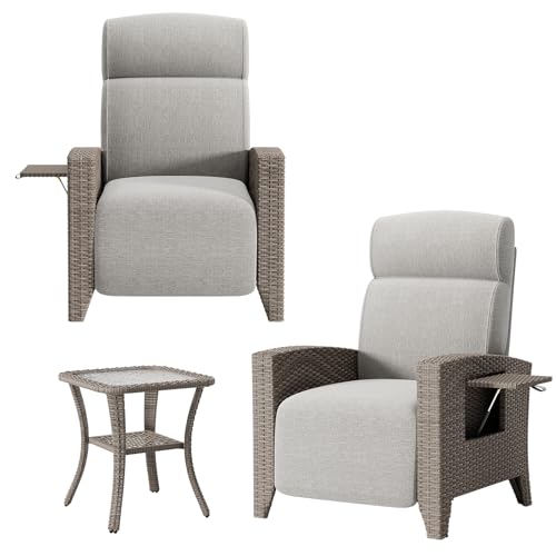 QMBLSNSQ 3-TLG. Loungeset, 2X Relaxsessel mit Liegefunktion & integriertem Tisch (150kg/Sessel) + 1x Rattan-Glastisch (80kg), PE Rattan wetterfest, inkl. von QMBLSNSQ