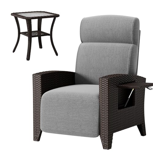 QMBLSNSQ Korbmöbel Set 2-TLG., Relaxsessel Verstellbar Mit Lordosenstütze + Beistelltisch Aus Glas & Pe-Rattan, 150Kg/80Kg, Gartenmöbel Wetterfest von QMBLSNSQ