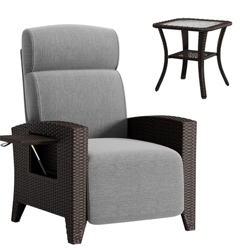 QMBLSNSQ Korbmöbel Set 2-TLG., Relaxsessel Verstellbar Mit Lordosenstütze + Beistelltisch Aus Glas & Pe-Rattan, 150Kg/80Kg, Gartenmöbel Wetterfest von QMBLSNSQ