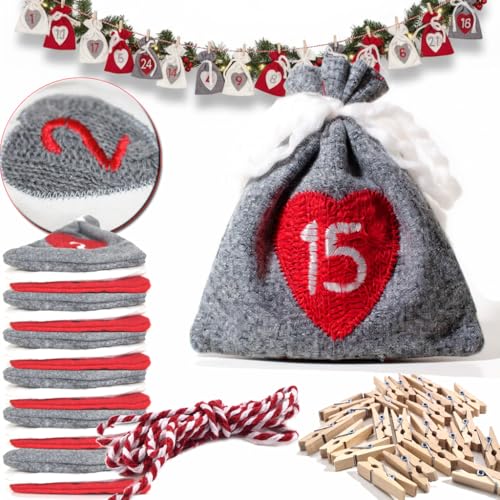 Adventskalender zum Befüllen groß, 24 Filz Säckchen mit genähten Zahlen, Holzklammern, Kordel, Weihnachtskalender Stoff Kinder DIY 2025 Adventskalender zum Befüllen groß, 24 Filz Säckchen mit genähten Zahlen, Holzklammern, Kordel, Weihnachtskalender Stoff Kinder DIY 2025 von QMBasic