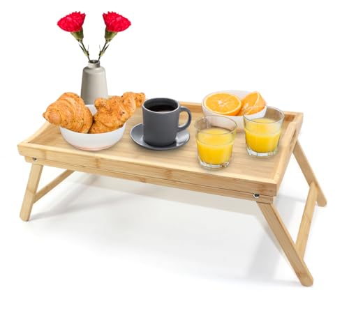 Frühstückstablett Bambus Betttablett Serviertablett Frühstück im Bett Tablett klappbare Holz Beine von QMBasic