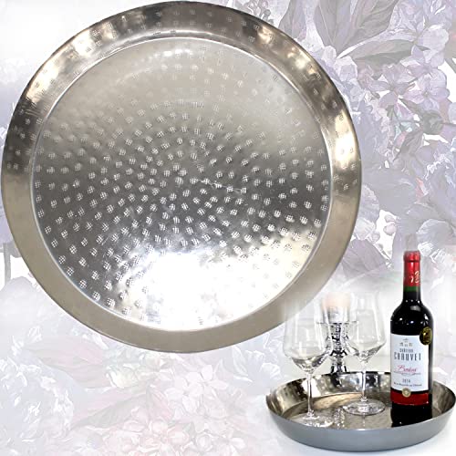 ORIENTALISCHE DEKOSCHALE Silber 36 cm Ø RUND aus Metall | Serviertablett Dekoschale Kerzenhalter Dekotablett Teetablett Wohndeko von QMBasic