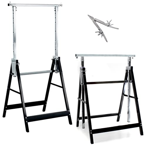 QMBasic 2X 200 kg Stahl KlappBock im Set mit Multitool | Black Line Teleskop Unterstellbock 7-Fach verstellbar bis 130 cm Stützbock Gerüstbock Metallbock klappbar von QMBasic