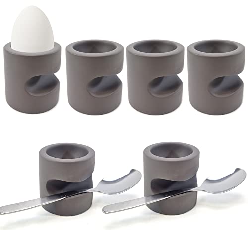 QMBasic Design-Pro EIERBECHER im Sixpack SET-Angebot | Löffel-Ablage Grau Zeitlos Frühstücks-Ei für 6 von QMBasic