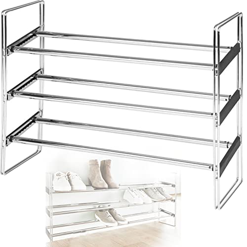 SCHUHREGAL LOFT PLATZSPAREND 60 cm - 119 cm breit ausziehbar schmal Metall silber Chrom 3 Ablagen für 12-15 Paar Schuhe von QMBasic