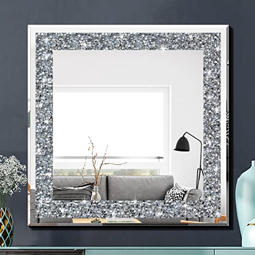 QMDECOR Crystal Crush Diamond quadratischer silberner Spiegel für Wanddekoration, 59,7 x 59,7 x 2,5 cm, Wandaufhängung, Rahmen, weniger Spiegel, Glas, Diamant-Dekor von QMDECOR