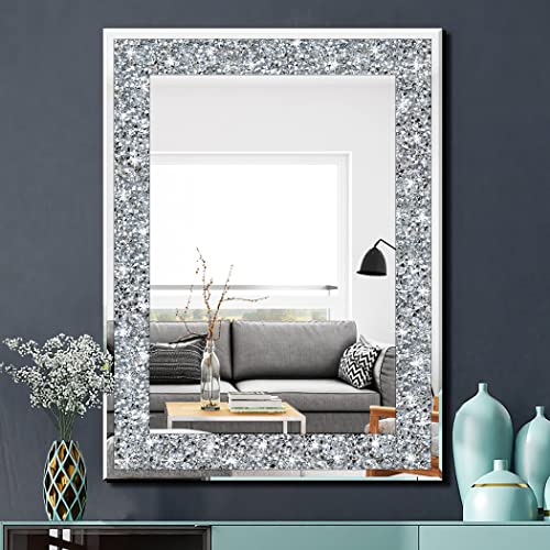QMDECOR Crystal Crush Diamant Rechteck Silber Spiegel für Wanddekoration 61 x 81,3 cm Wandaufhängung Rahmenloser Spiegel Acryl Diamant Dekor von QMDECOR