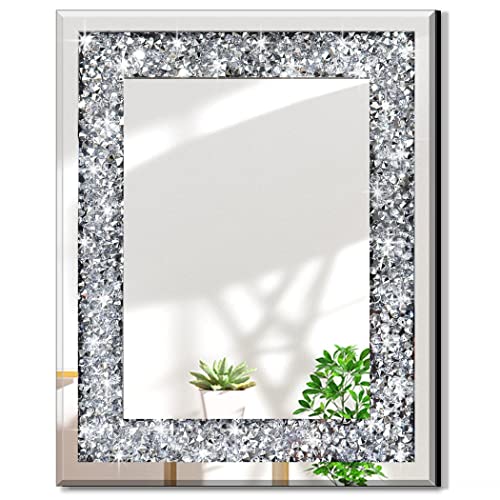 QMDECOR Rechteckiger, funkelnder, dekorativer Wandspiegel für Heimdekoration mit silberfarbenem Kristall-Crush-Diamant-Dekor, Maße: 40.6x50.8x2.5 cm, rahmenlose Spiegel, Glas-Diamant-Dekor. von QMDECOR