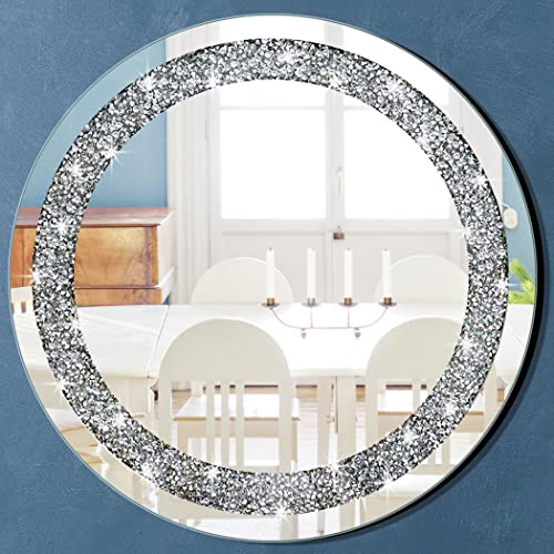 QMDECOR Wandspiegel, rund, für Heimdekoration, zerkleinerter Kristall, Diamant, Silber, 59,9 x 59,9 x 2,5 cm, zum Aufhängen an der Wand, ohne Rahmen, Spiegel, Glas, Diamant Dekor von QMDECOR