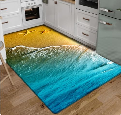 QMETOS Fußmatte Teppiche Küche Beach Waves Läufer Teppich Kücherutschfester Wohnzimmerteppich Marine Badematte Saugfähig 50X80Cm von QMETOS