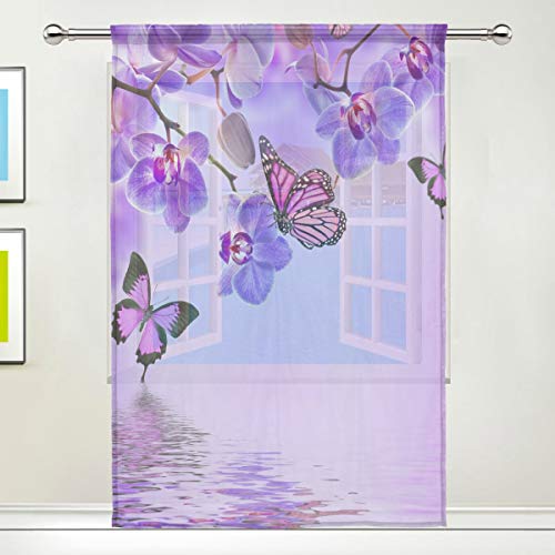 QMIN Durchsichtige Vorhänge Blume Orchidee Schmetterling Tier Fenster Tüll Vorhang Vorhänge für Tür Wand Schlafzimmer Wohnzimmer Küche 139,7 x 198,1 cm, 1 Panel von QMIN