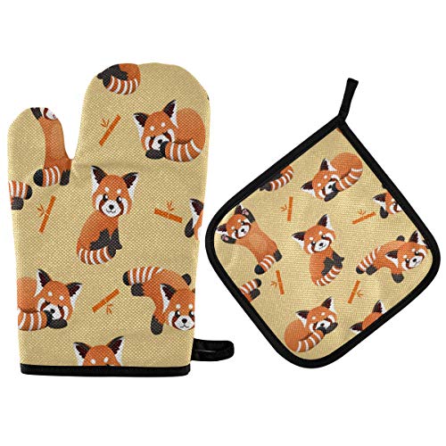 Ofenhandschuhe, Topflappen-Set, niedlicher roter Panda-Waschbär, hitzebeständig, Küchenhandschuhe, Hot Pads, Kits für Grillen, Kochen, Backen, Grillpfannen von QMIN