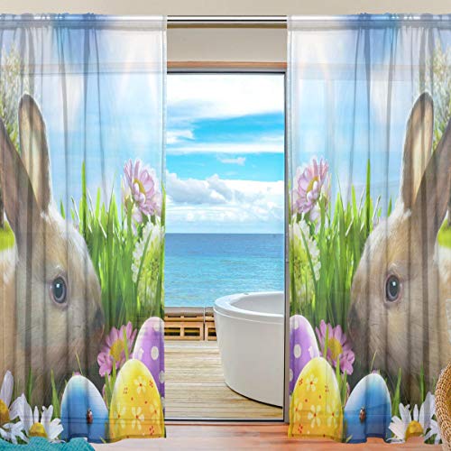 QMIN Transparente Vorhänge mit Ostermotiv, Hase, Eier, Blume, Fenster, Tüll, Voile-Vorhang für Tür, Wand, Schlafzimmer, Wohnzimmer, Küche, 140 x 213 cm, 2 Paneele von QMIN