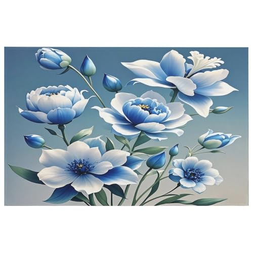 Blauer und weißer Teppich mit Blumenmuster für den Eingangsbereich, waschbare Teppiche mit rutschfester Gummi-Unterseite für Küche, weich, schmutzabweisend, kleiner Teppich für Schlafzimmer von QMKFWT