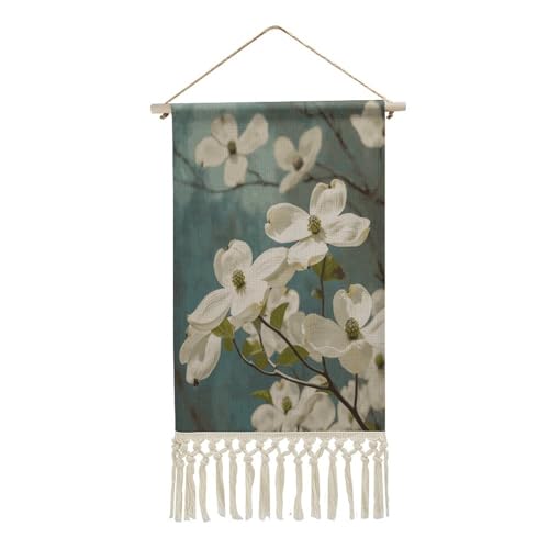 QMKFWT Poster zum Aufhängen, Motiv: Frühlings-Hartriegelblüten mit Quaste, personalisierbar, Baumwoll-Leinen, Wandkunstdrucke, lange vertikale Wandkunst, Malerei, Dekoration für Wohnzimmer, Büro von QMKFWT