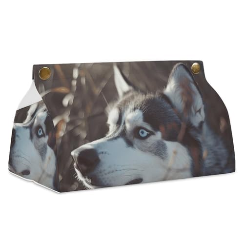 Taschentuchbox mit blauen Augen, Husky, moderner PU-Leder-Tücherbehälter, stilvoller High-End-Spender für Badezimmer, Schminktisch, Arbeitsplatte, Nachttische, Schreibtisch von QMKFWT