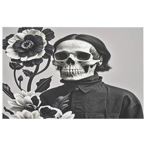 Teppich mit Blumen und Totenkopf, waschbar, mit rutschfester Gummi-Unterseite, für Küche, weich, schmutzabweisend, kleiner Teppich für Schlafzimmer, Badezimmer, Bodendekoration von QMKFWT
