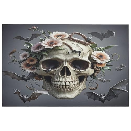 Teppich mit Totenkopf-Blumenmotiv für den Eingangsbereich, waschbar, mit rutschfester Gummi-Unterseite für Küche, weich, schmutzabweisend, kleiner Teppich für Schlafzimmer, Badezimmer, Bodendekoration von QMKFWT