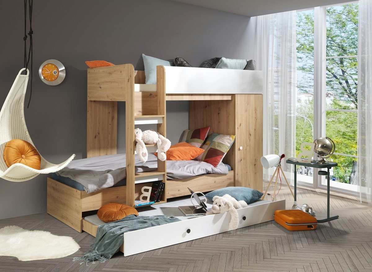 QMM TraumMöbel Hochbett Etagenbett SAM 2" für 2-3 Kinder mit Schrank eiche (2-3 Liegeflächen mit Leiter & Schrank)" von QMM TraumMöbel