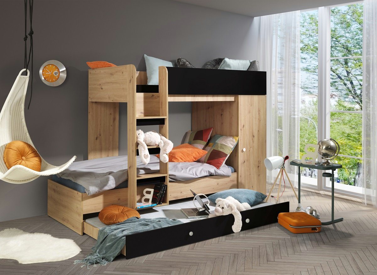 QMM TraumMöbel Hochbett Etagenbett SAM 2" für 2-3 Kinder mit Schrank eiche (2-3 Liegeflächen mit Leiter & Schrank)" von QMM TraumMöbel