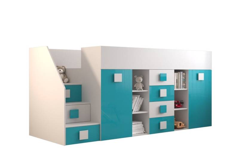 QMM TraumMöbel Hochbett TELLY 3 mit Treppe links (Bett mit Schrank, Schreibtisch, Schubladen, Regale, Treppe) ausziehbarer Schreibtisch mit weiteren Stauräumen von QMM TraumMöbel