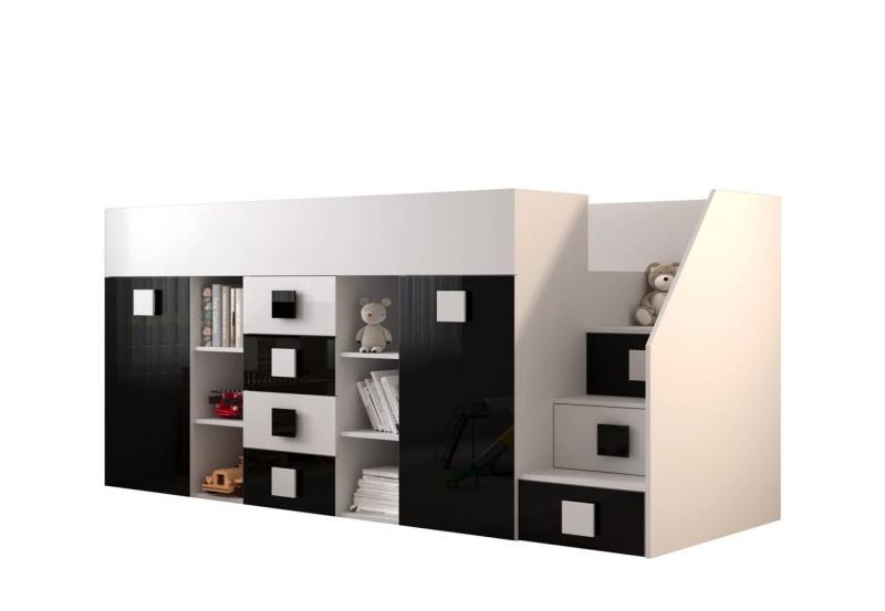 QMM TraumMöbel Hochbett TELLY 3 mit Treppe rechts (Bett, Schrank, Schreibtisch, Schubladen, Regale, Treppe) ausziehbarer Schreibtisch von QMM TraumMöbel