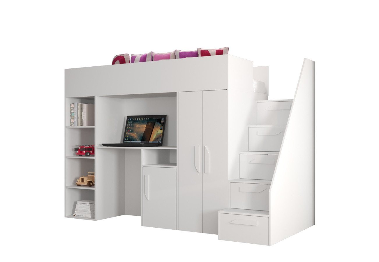 QMM TraumMöbel Hochbett PARIS 4 mit Schreibtisch Schrank Regal und Treppe Hochglanz (mit Treppe, Schrank, Schreibtisch & Regal) von QMM TraumMöbel