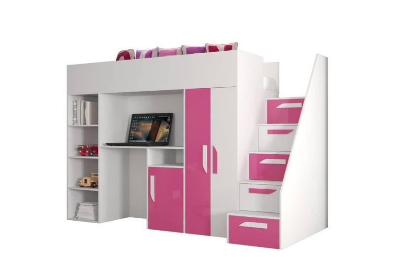 QMM TraumMöbel Hochbett PARIS 4 mit Schreibtisch Schrank Regal und Treppe Hochglanz (mit Treppe, Schrank, Schreibtisch & Regal) von QMM TraumMöbel