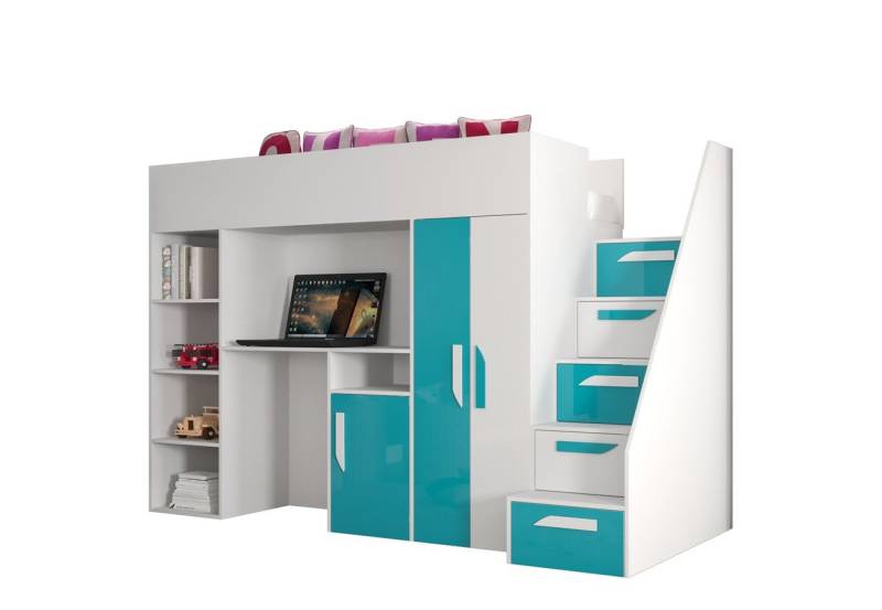 QMM TraumMöbel Hochbett PARIS 4 mit Schreibtisch Schrank Regal und Treppe Hochglanz (mit Treppe, Schrank, Schreibtisch & Regal) von QMM TraumMöbel