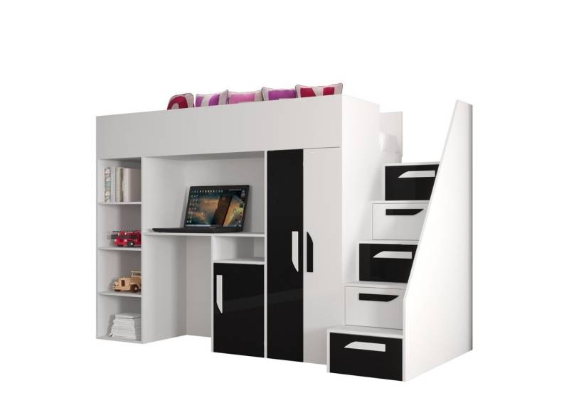 QMM TraumMöbel Hochbett PARIS 4 mit Schreibtisch Schrank Regal und Treppe Hochglanz (mit Treppe, Schrank, Schreibtisch & Regal) von QMM TraumMöbel