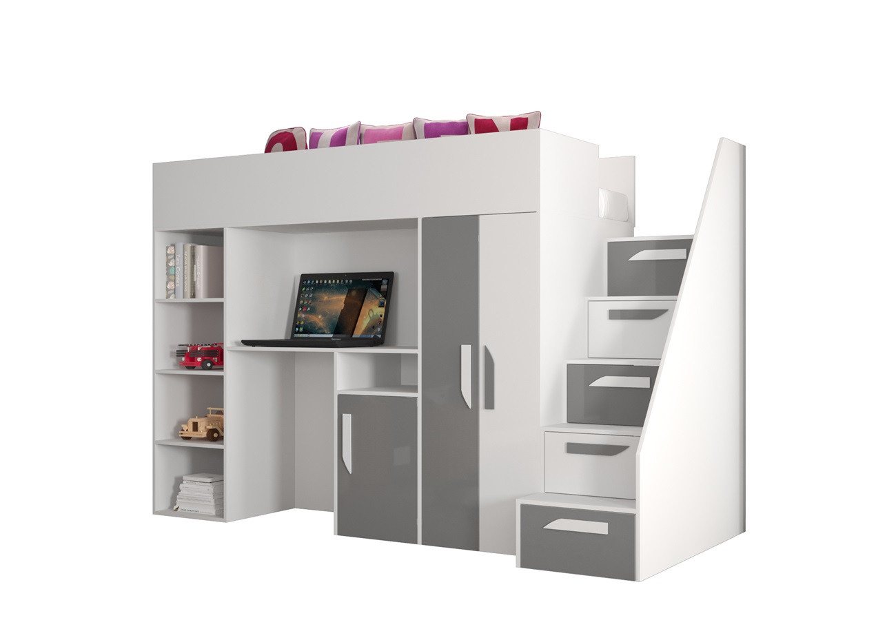 QMM TraumMöbel Hochbett PARIS 4 mit Schreibtisch Schrank Regal und Treppe Hochglanz (mit Treppe, Schrank, Schreibtisch & Regal) von QMM TraumMöbel